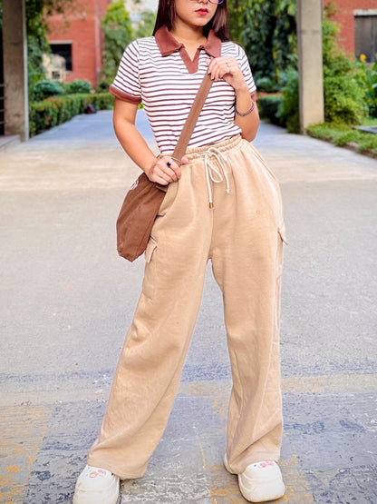Ladies Contrast Polo T-Shirt – Stylish Casual Wear || Brown & White Stripe