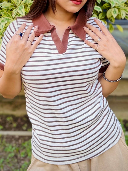 Ladies Contrast Polo T-Shirt – Stylish Casual Wear || Brown & White Stripe