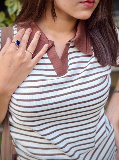 Ladies Contrast Polo T-Shirt – Stylish Casual Wear || Brown & White Stripe