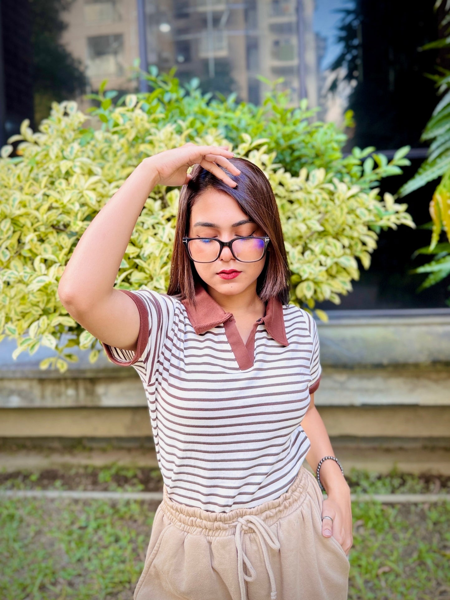Ladies Contrast Polo T-Shirt – Stylish Casual Wear || Brown & White Stripe