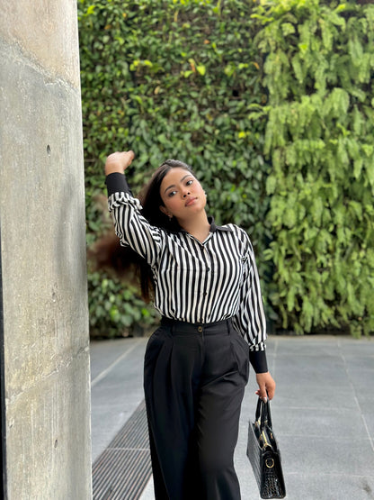 Premium Ladies Black & White Stripe Shirt – Elegant Formal & Casual Wear