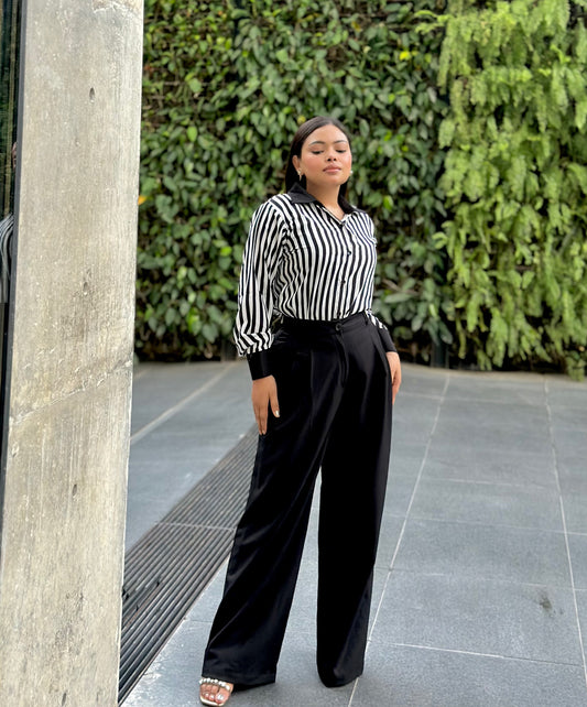 Premium Ladies Black & White Stripe Shirt – Elegant Formal & Casual Wear