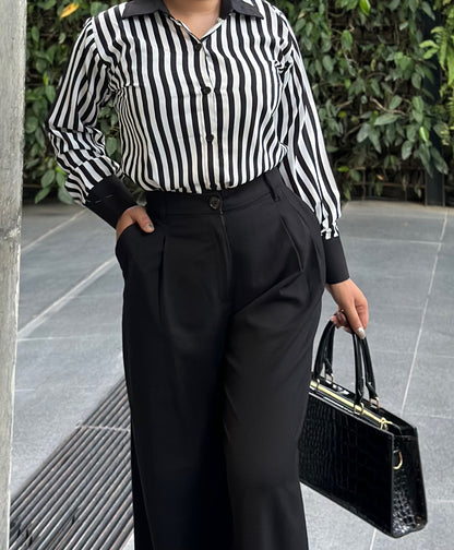 Premium Ladies Black & White Stripe Shirt – Elegant Formal & Casual Wear