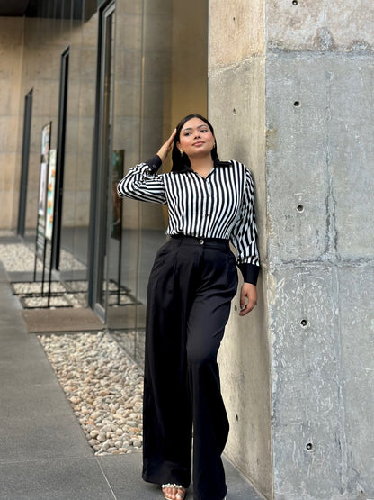 Premium Ladies Black & White Stripe Shirt – Elegant Formal & Casual Wear