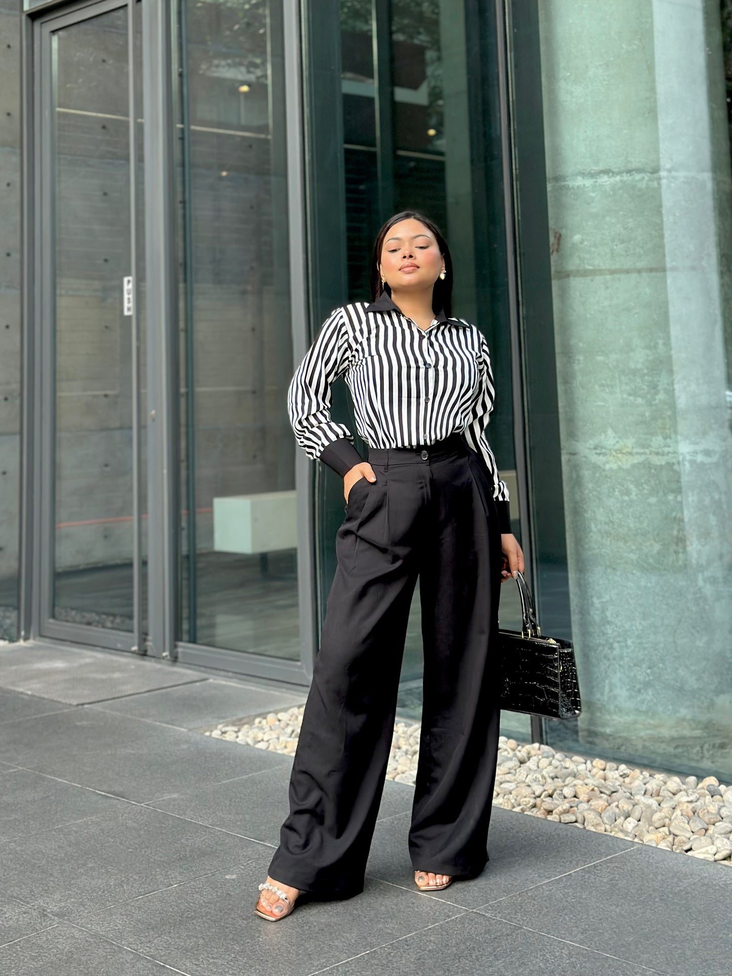 Premium Ladies Black & White Stripe Shirt – Elegant Formal & Casual Wear