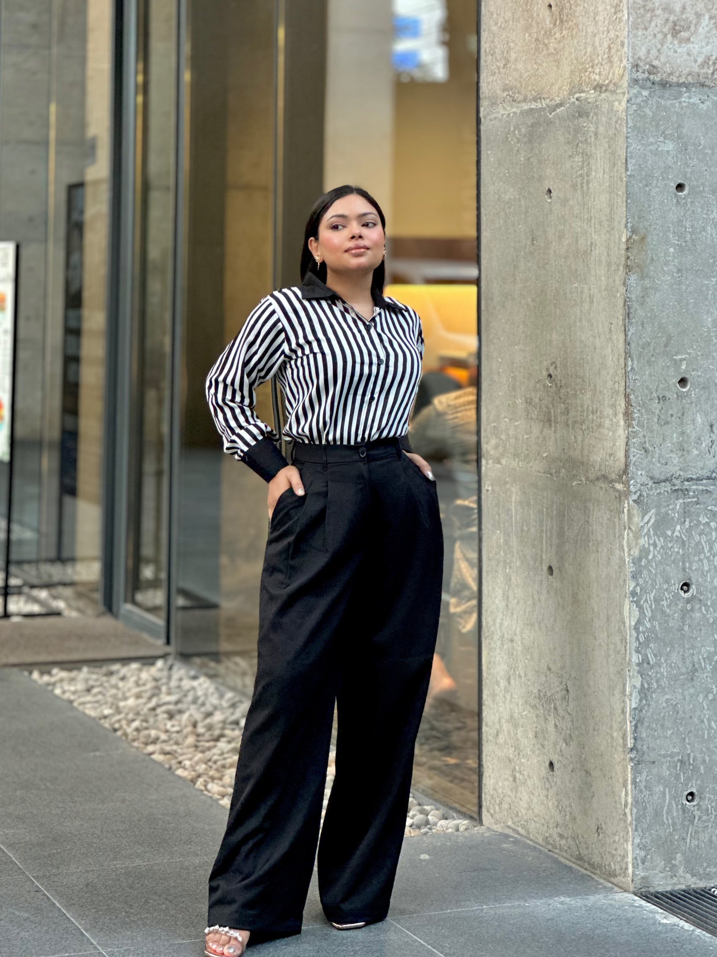 Premium Ladies Black & White Stripe Shirt – Elegant Formal & Casual Wear