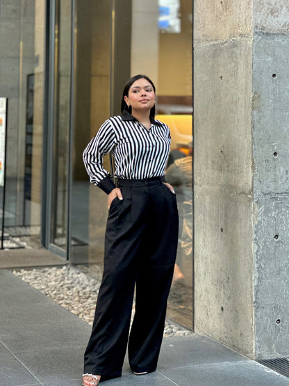 Premium Ladies Black & White Stripe Shirt – Elegant Formal & Casual Wear