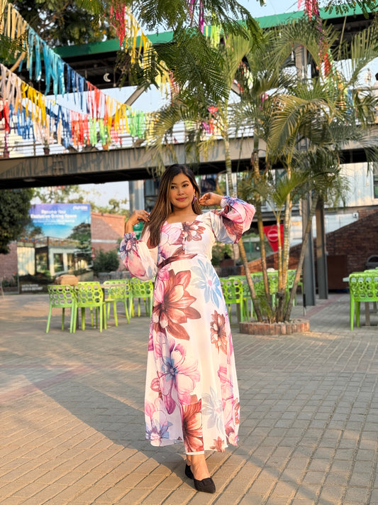 Ocean Gown || Long Beach Gown || Tour Gown || White Floral