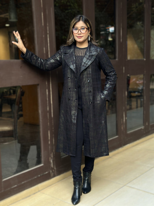 Special Ladies Long Overcoat in Barberry Party Check || Black
