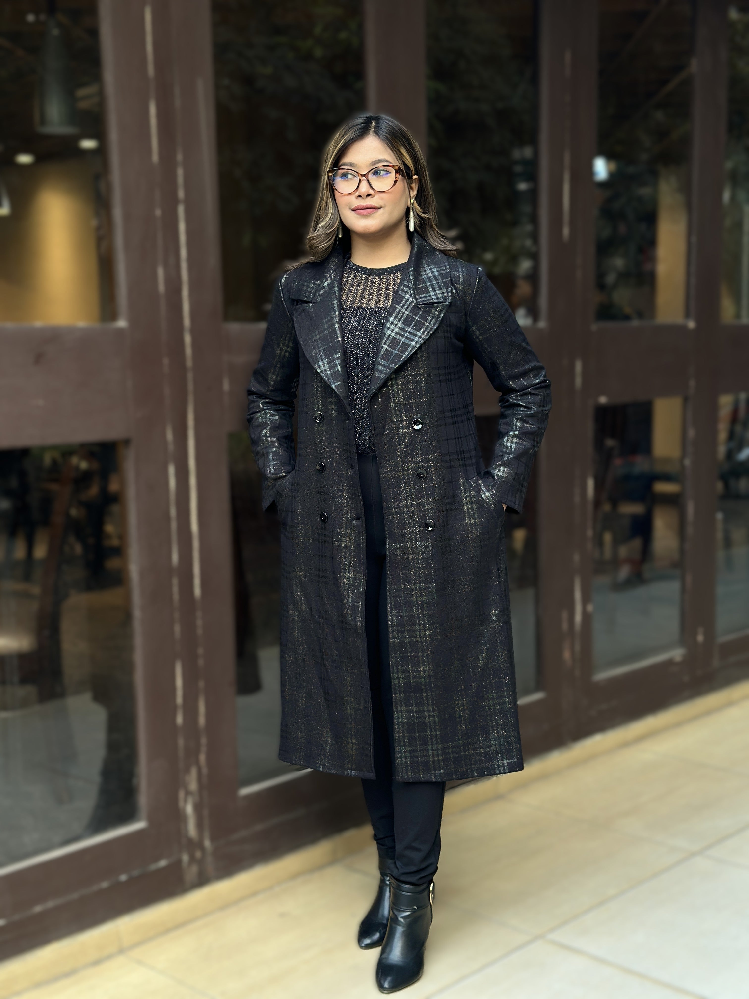 Special Ladies Long Overcoat in Barberry Party Check || Black