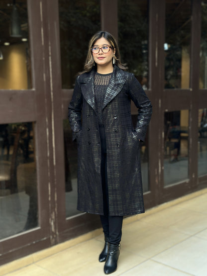 Special Ladies Long Overcoat in Barberry Party Check || Black