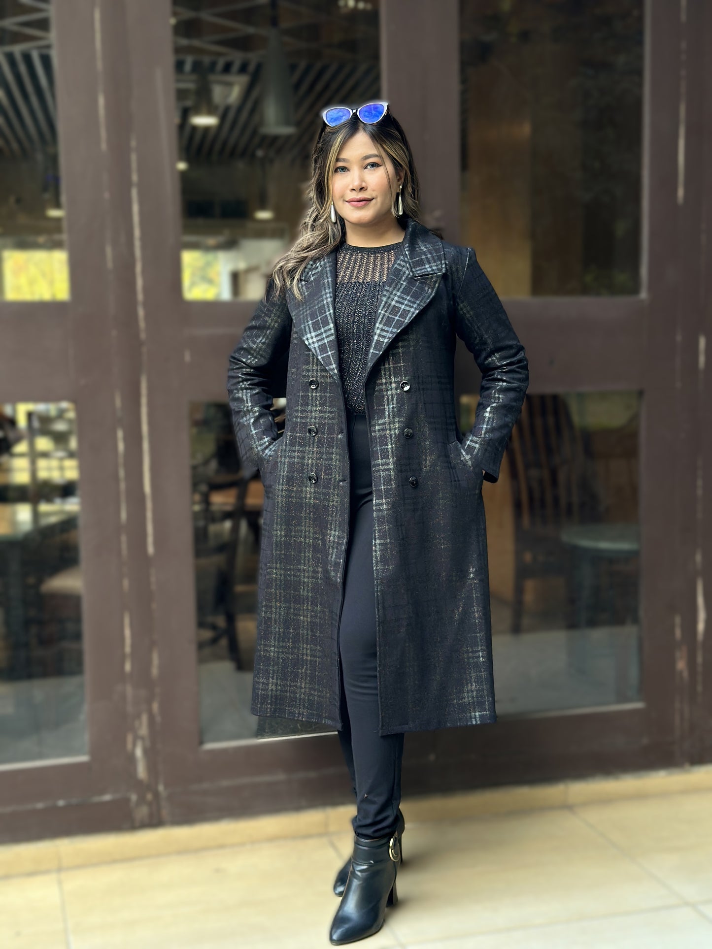 Special Ladies Long Overcoat in Barberry Party Check || Black