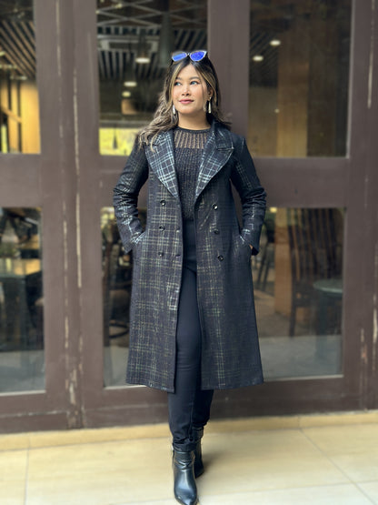 Special Ladies Long Overcoat in Barberry Party Check || Black