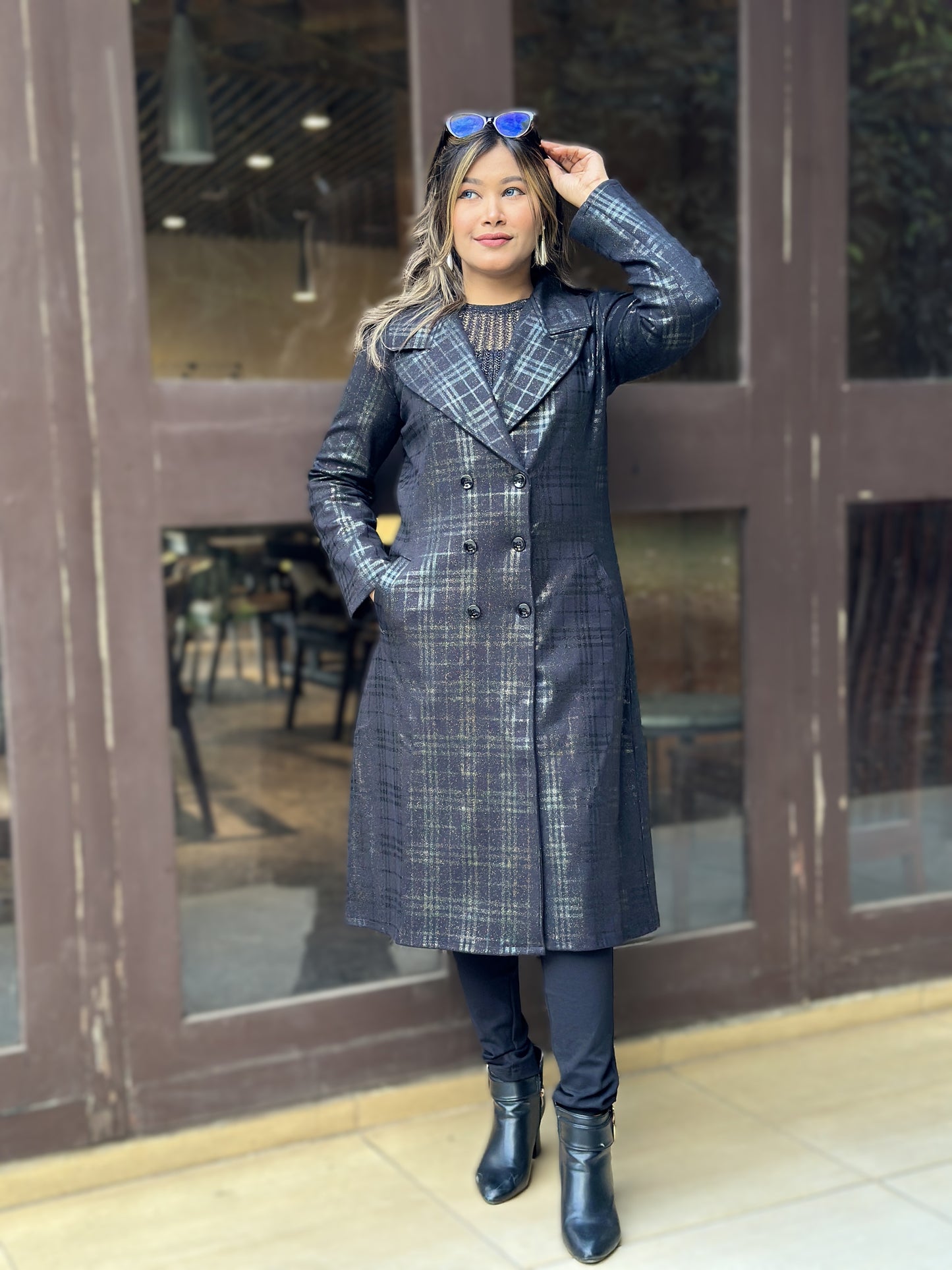 Special Ladies Long Overcoat in Barberry Party Check || Black