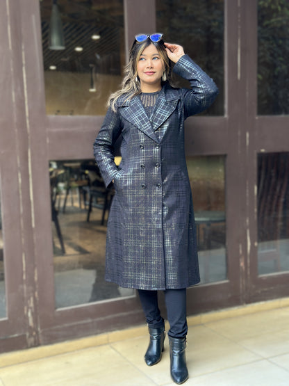 Special Ladies Long Overcoat in Barberry Party Check || Black