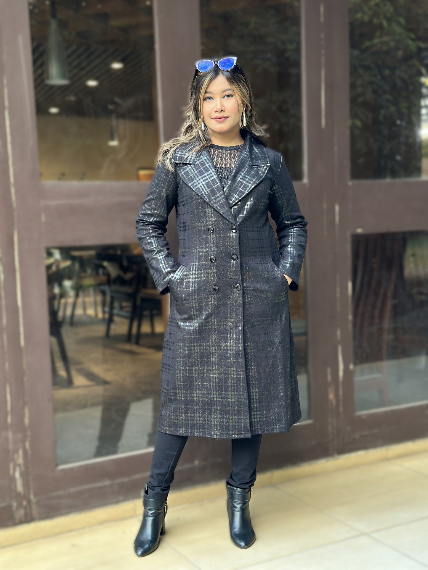 Special Ladies Long Overcoat in Barberry Party Check || Black