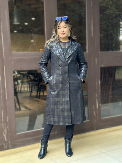 Special Ladies Long Overcoat in Barberry Party Check || Black