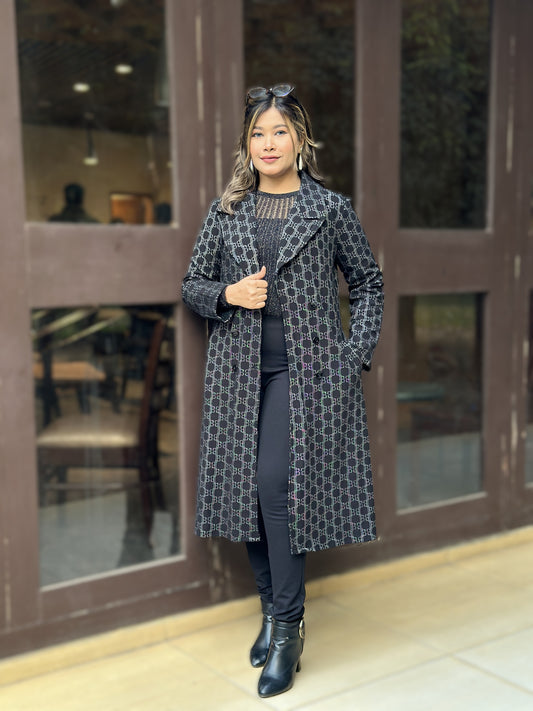 Special Ladies Long Overcoat in B Check || Black