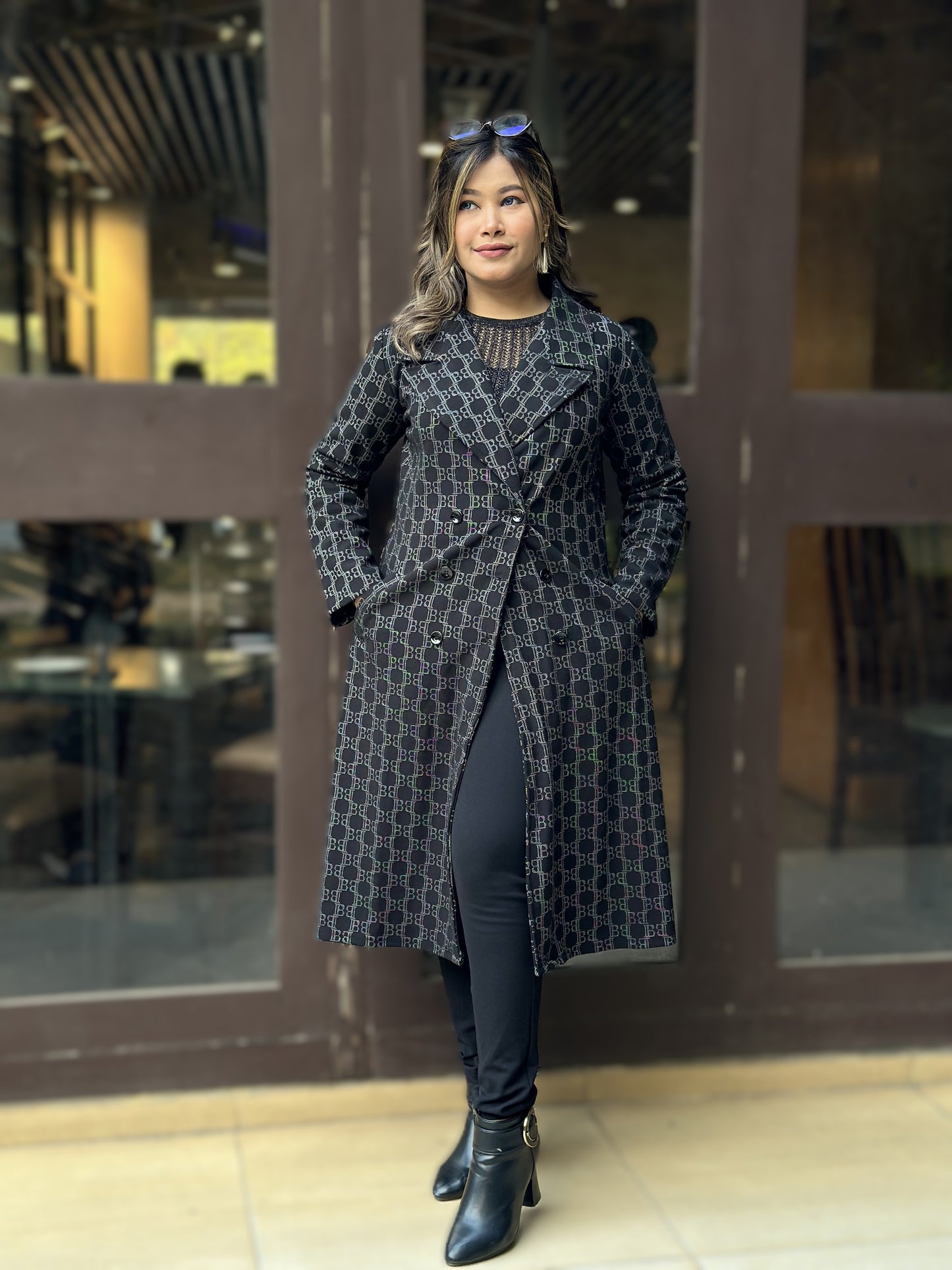 Special Ladies Long Overcoat in B Check || Black