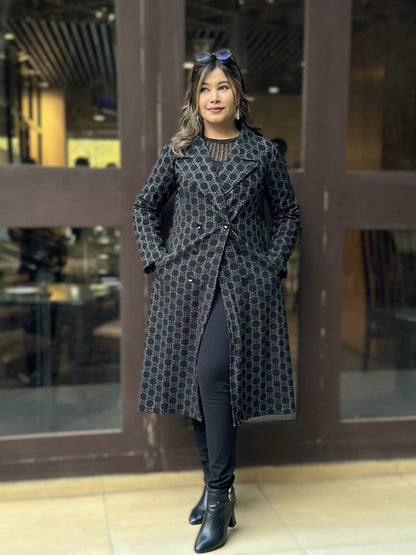 Special Ladies Long Overcoat in B Check || Black