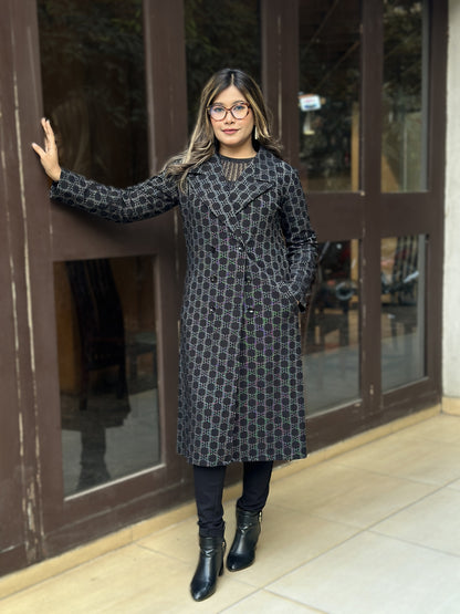 Special Ladies Long Overcoat in B Check || Black