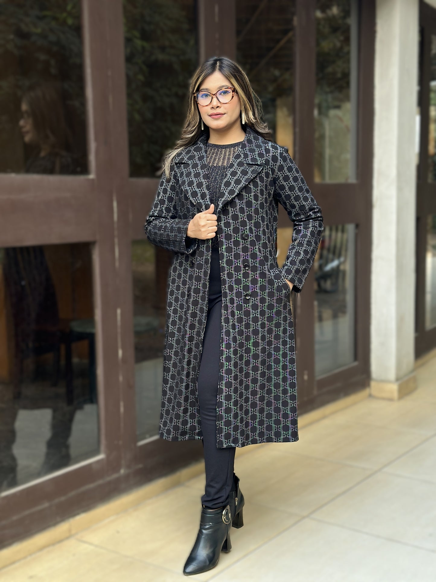 Special Ladies Long Overcoat in B Check || Black