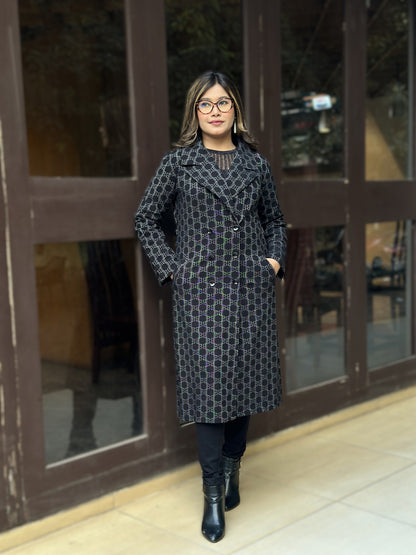 Special Ladies Long Overcoat in B Check || Black