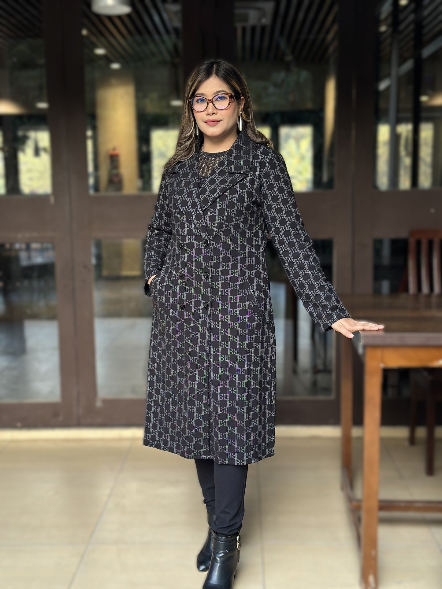 Special Ladies Long Overcoat in B Check || Black