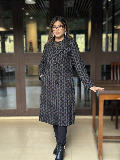 Special Ladies Long Overcoat in B Check || Black