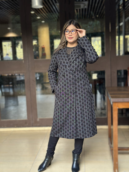 Special Ladies Long Overcoat in B Check || Black