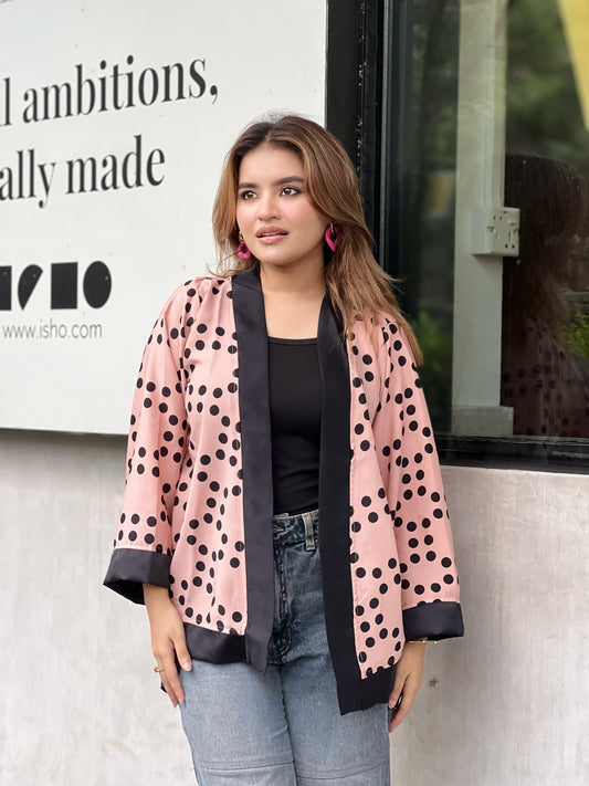 Ladies Short Kimono – Trendy Summer Wrap || Misty Black Polka Dot
