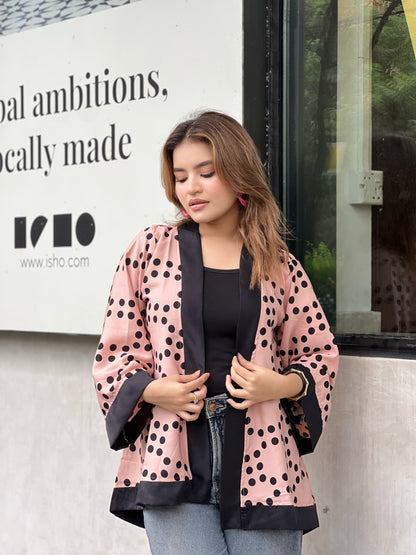 Ladies Short Kimono – Trendy Summer Wrap || Misty Black Polka Dot