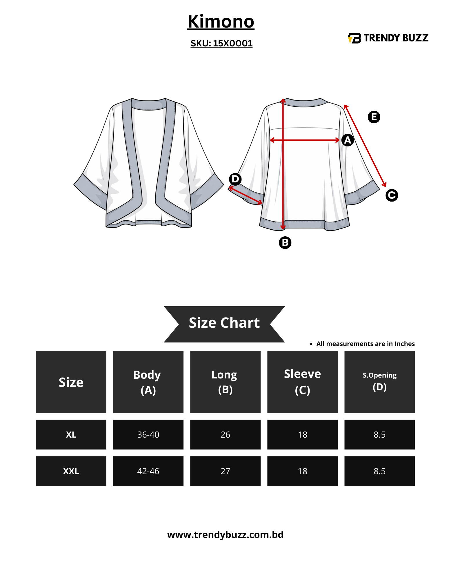 Kimono measurement chart with front and back views and size chart on a white background.