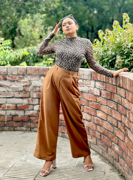 Ladies Wide Leg Pant 2 Button || Ladies Wide Leg Trousers || Deep Brown