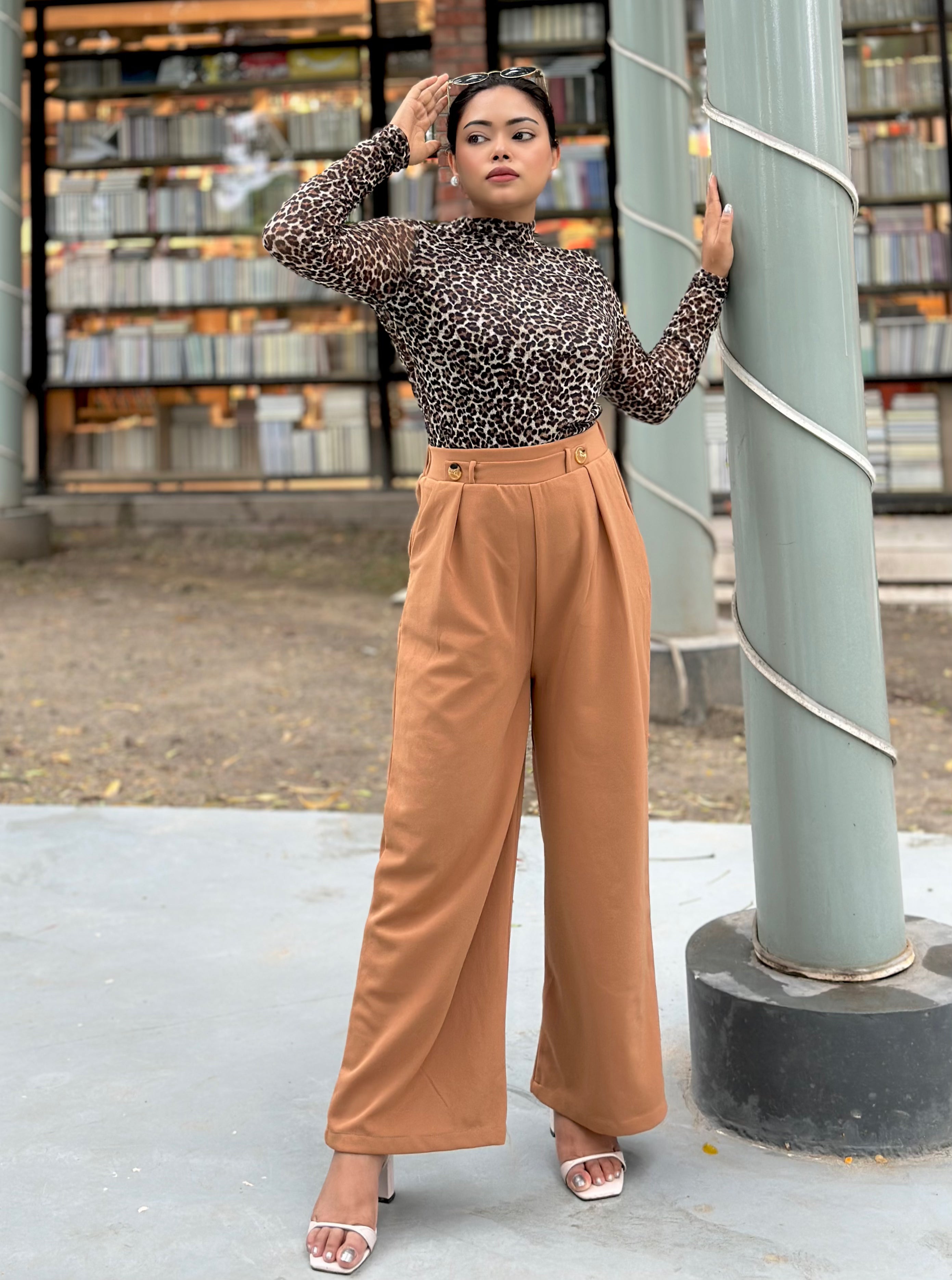 Ladies Wide Leg Pant 2 Button || Ladies Wide Leg Trousers || Light Brown