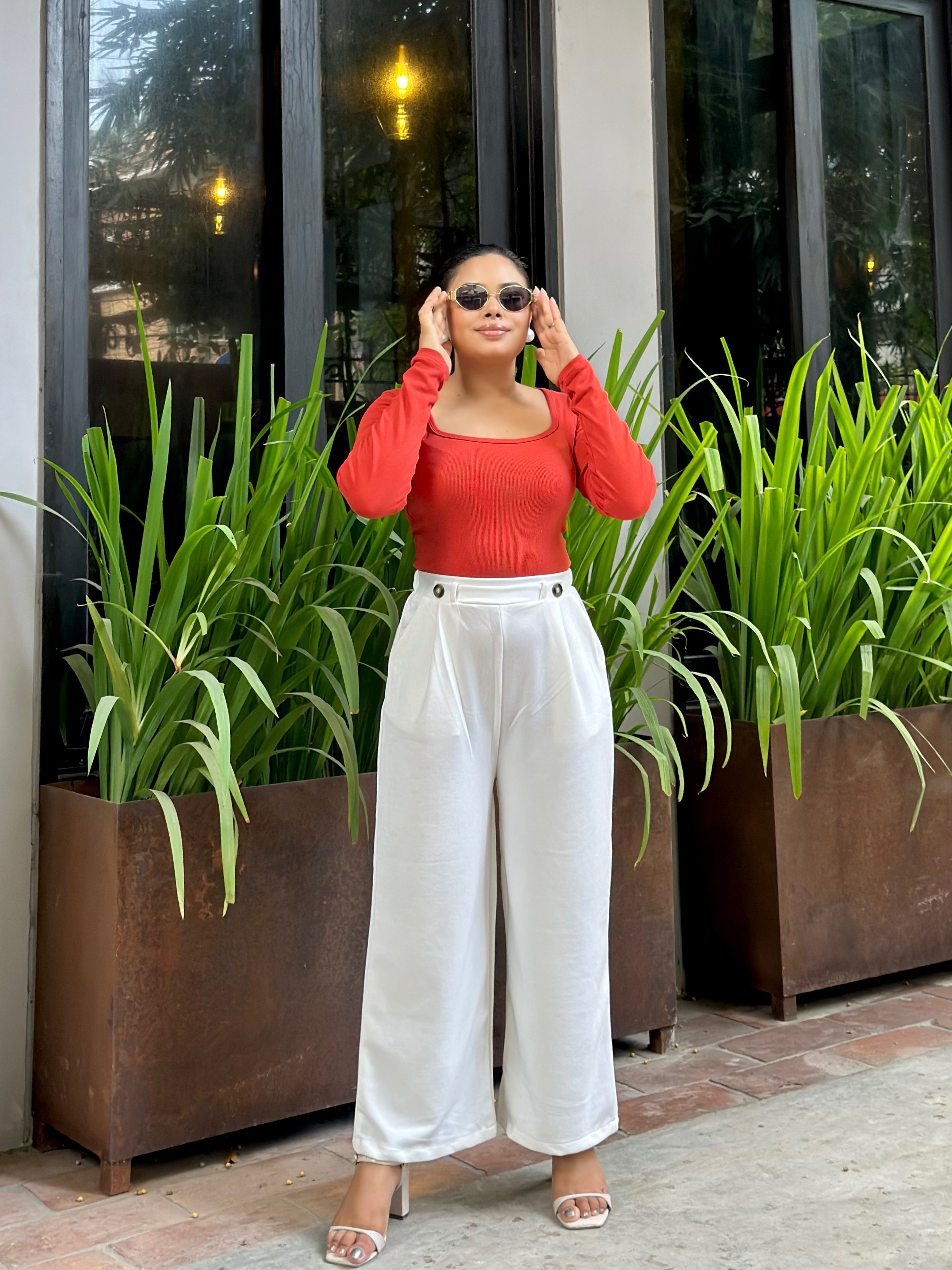 Ladies Wide Leg Pant 2 Button || Ladies Wide Leg Trousers || White