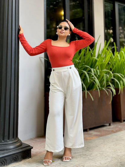 Ladies Wide Leg Pant 2 Button || Ladies Wide Leg Trousers || White