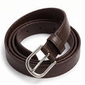 A dark brown leather belt with a silver-tone metal buckle, neatly coiled on a white background.