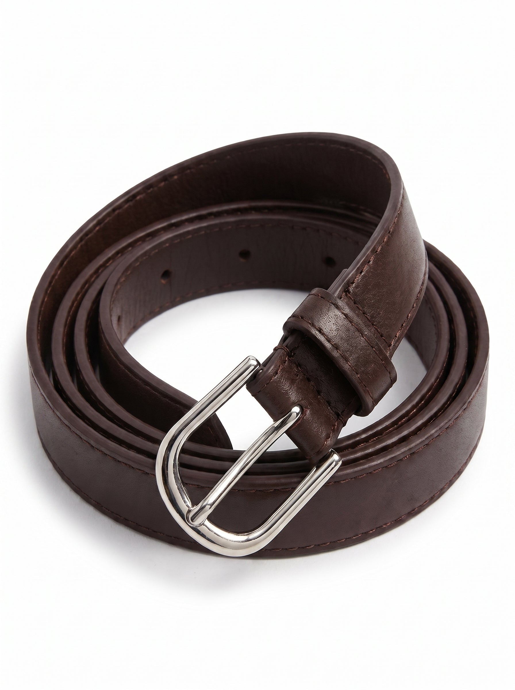 A dark brown leather belt with a silver-tone metal buckle, neatly coiled on a white background.