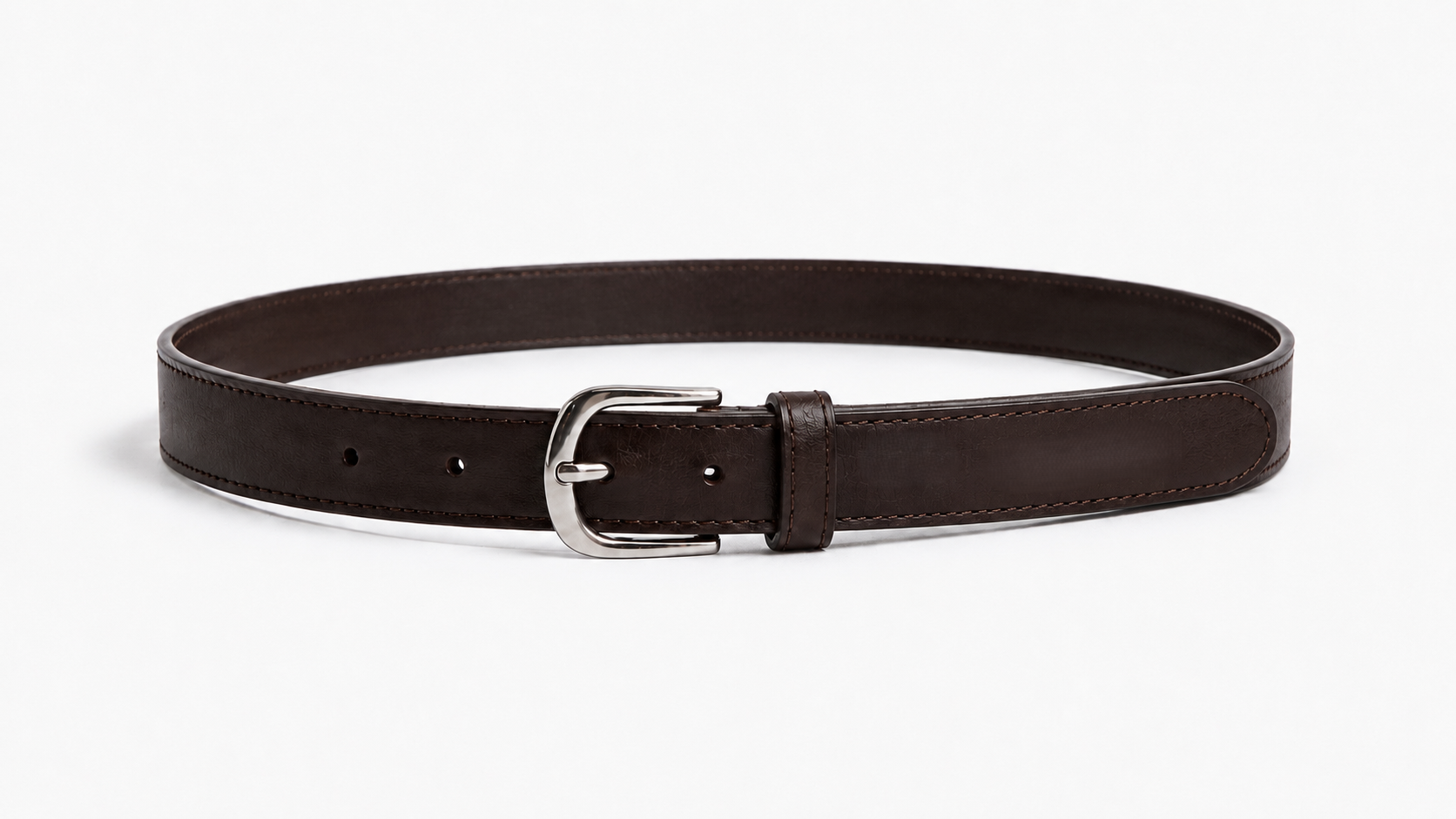 A dark brown leather belt with a silver-tone metal buckle, neatly coiled and displayed on a clean white background.