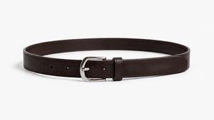 A dark brown leather belt with a silver-tone metal buckle, neatly coiled and displayed on a clean white background.