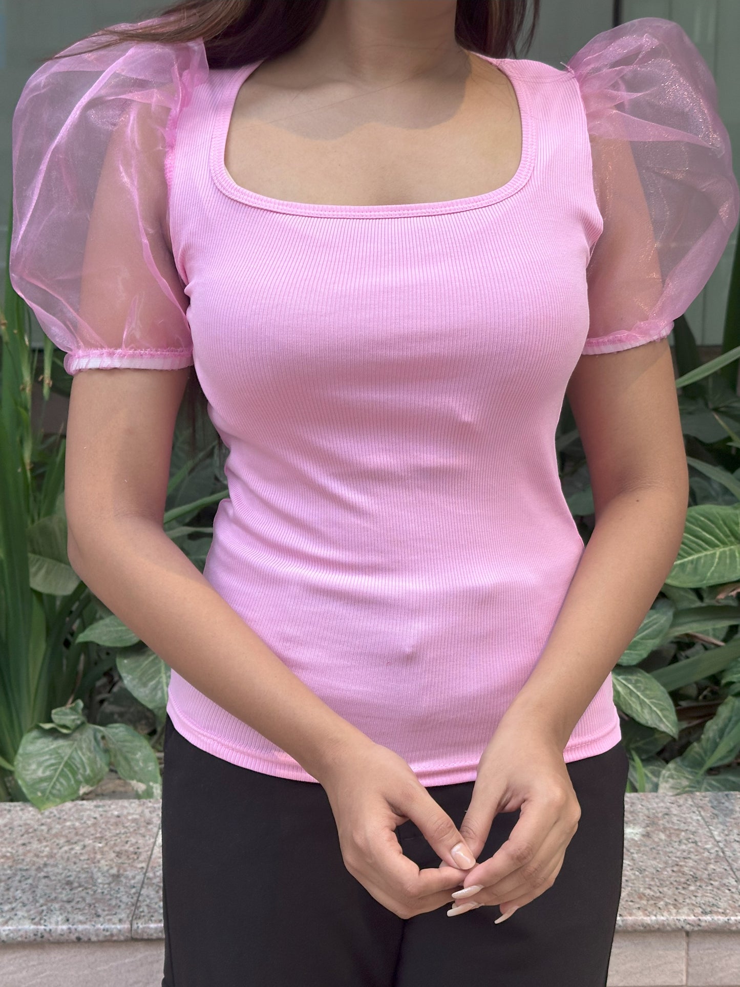 Mesh Puffy Sleeve Tops || Light Pink