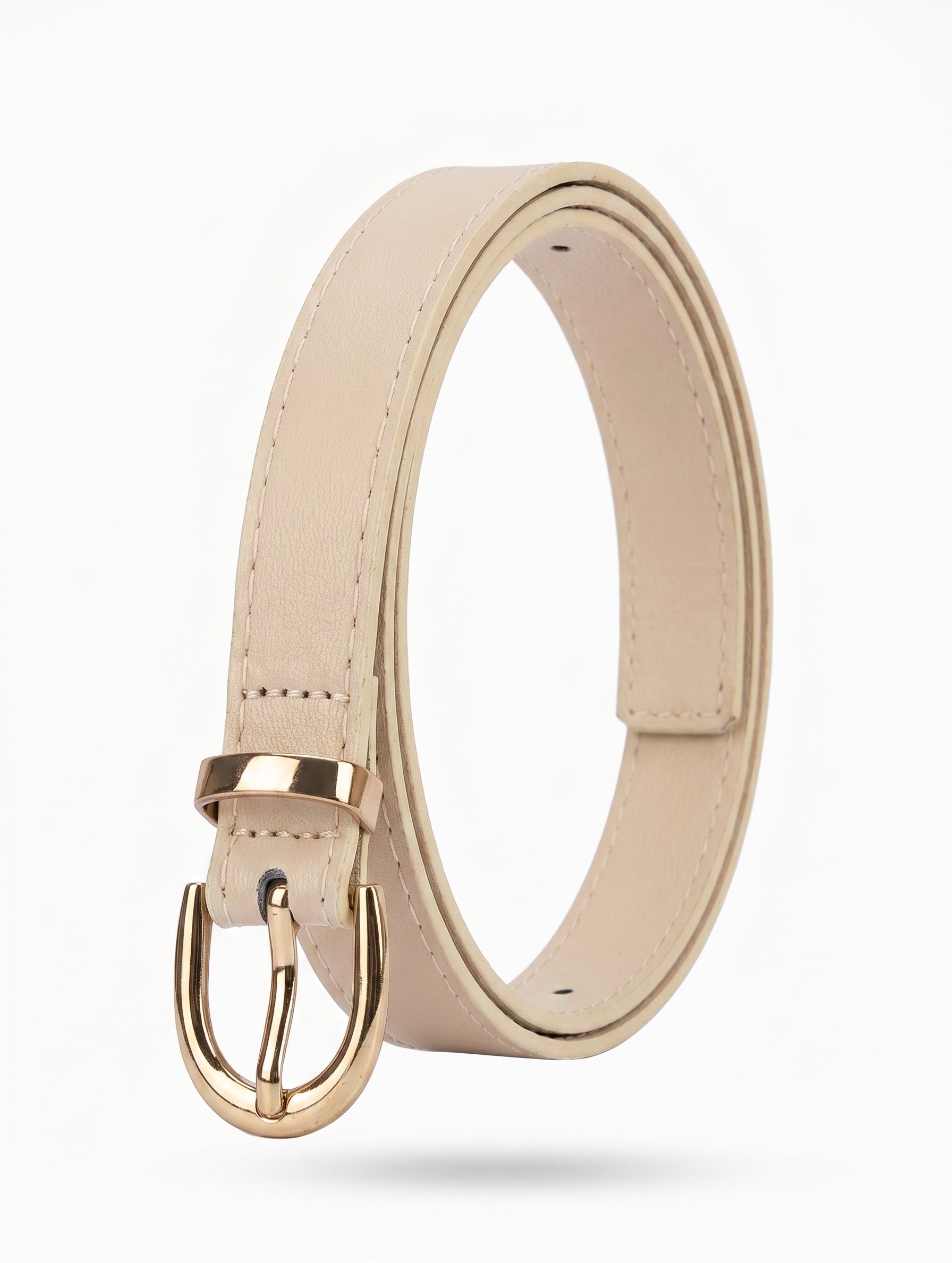 A light beige faux leather belt with a polished gold-tone buckle, shown coiled on a clean white background.