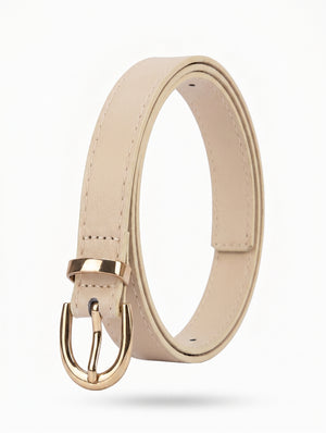 A light beige faux leather belt with a polished gold-tone buckle, shown coiled on a clean white background.