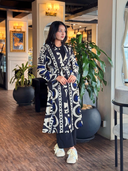 Ladies Long Shrug – Trendy Outerwear for Women || Abstract Botanical Leaf Print (Black,Blue,White)