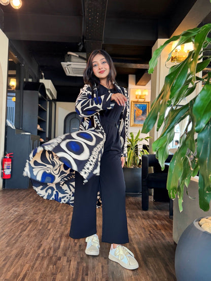 Ladies Long Shrug – Trendy Outerwear for Women || Abstract Botanical Leaf Print (Black,Blue,White)