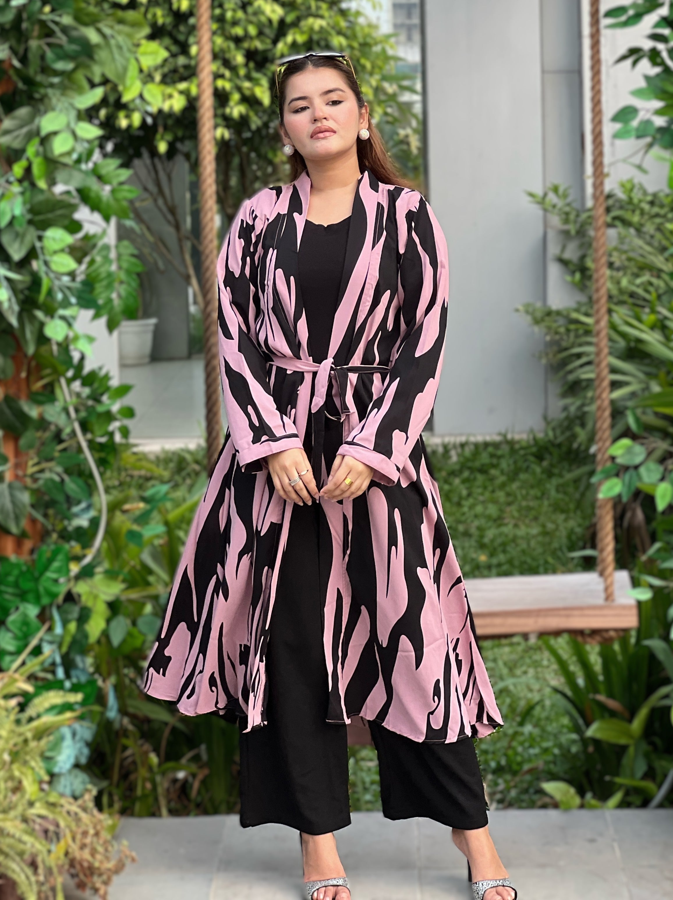 Pink Tiger Long Shrug Paired With Formal Pant and Round Neck T-shirt. Trendy Buzz.
