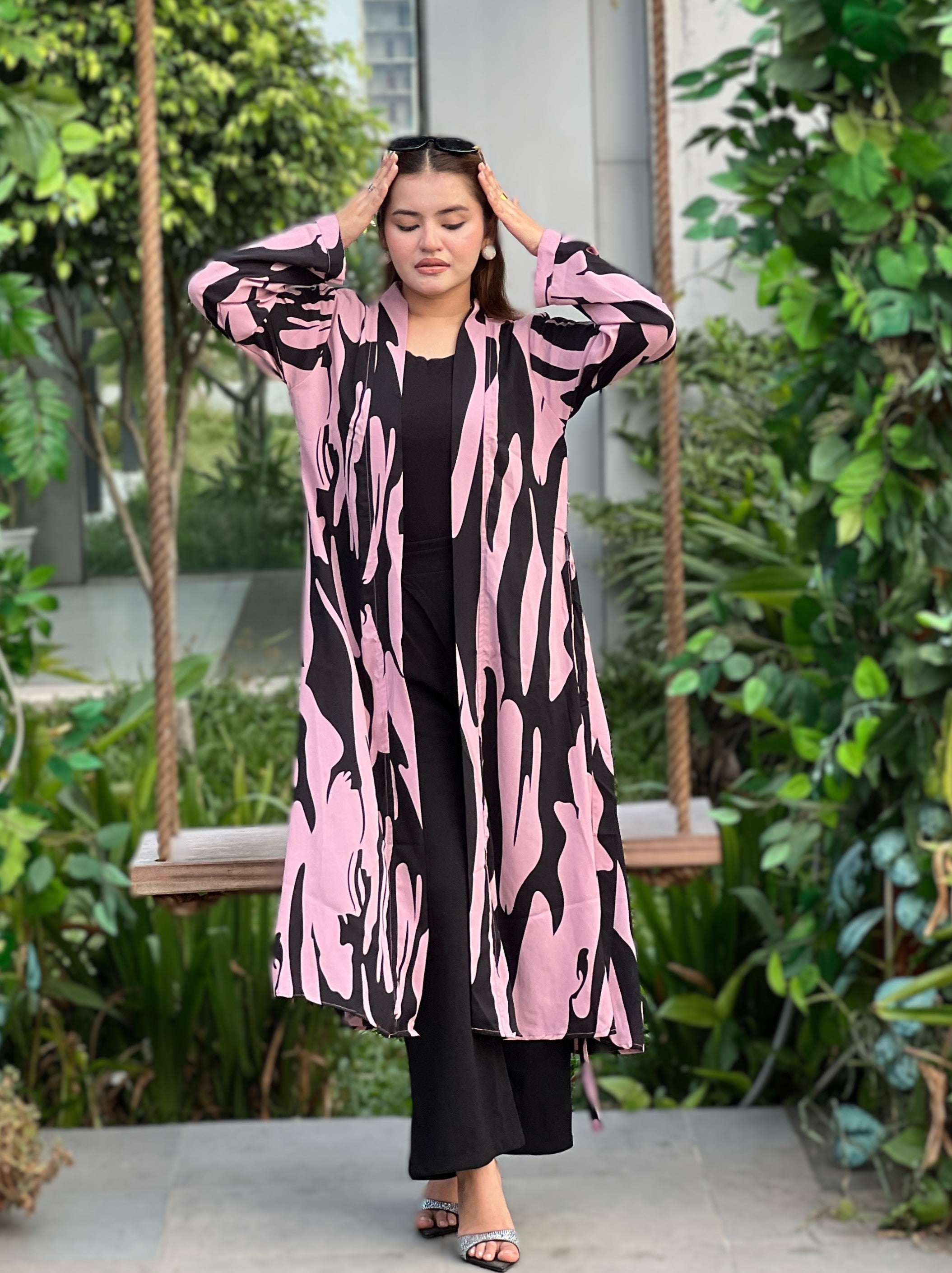 Pink Tiger Long Shrug Paired With Formal Pant and Round Neck T-shirt. Trendy Buzz.