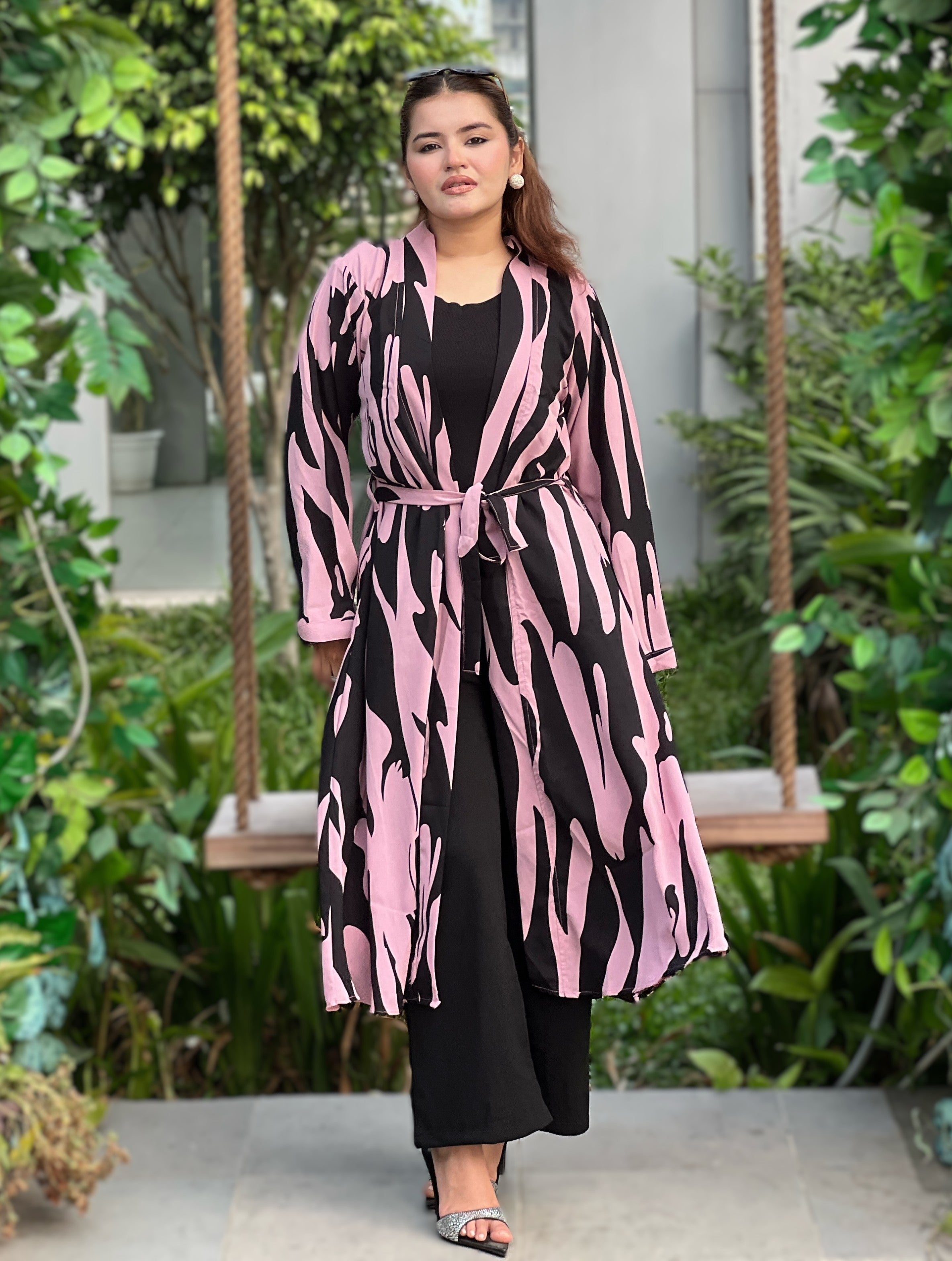 Pink Tiger Long Shrug Paired With Formal Pant and Round Neck T-shirt. Trendy Buzz.