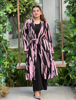 Pink Tiger Long Shrug Paired With Formal Pant and Round Neck T-shirt. Trendy Buzz.